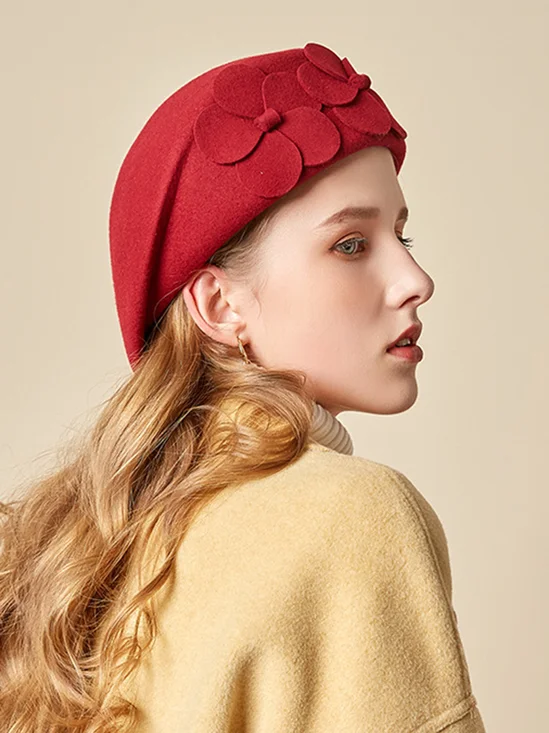 Elegant Floral Wool-Blend Beret