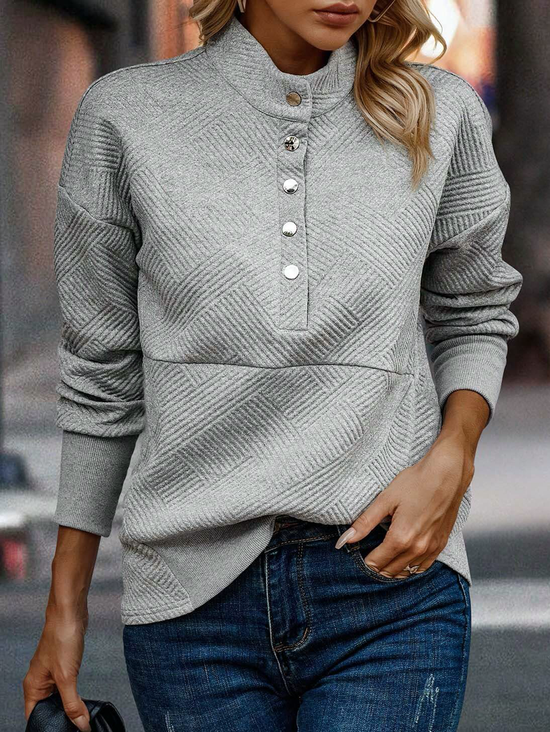 Casual Plain Button Stand Collar H-Line Long Sleeve Sweatshirt