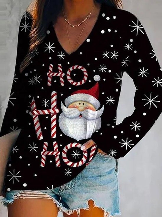 Loose Casual Christmas V Neck T-Shirt