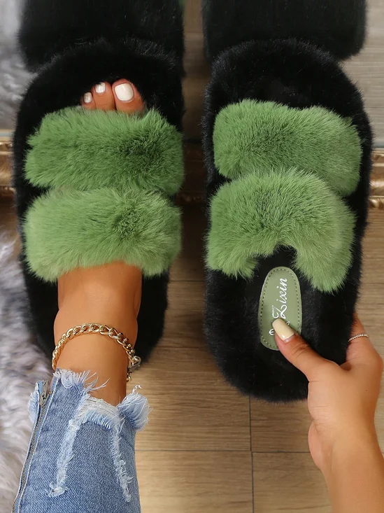 Casual Color Block Double Strap Fluffy Slippers