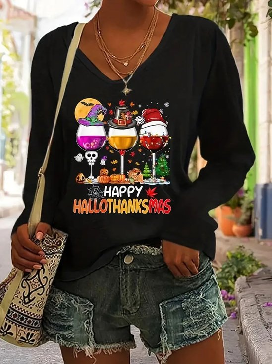 Casual Halloween Christmas Thanksgiving Day Loose Jersey Hallothanksmas T-Shirt