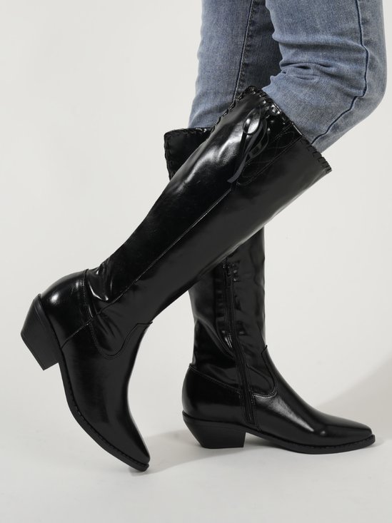 Black Minimalist Faux Patent Leather Block Heel Mid-calf Boots