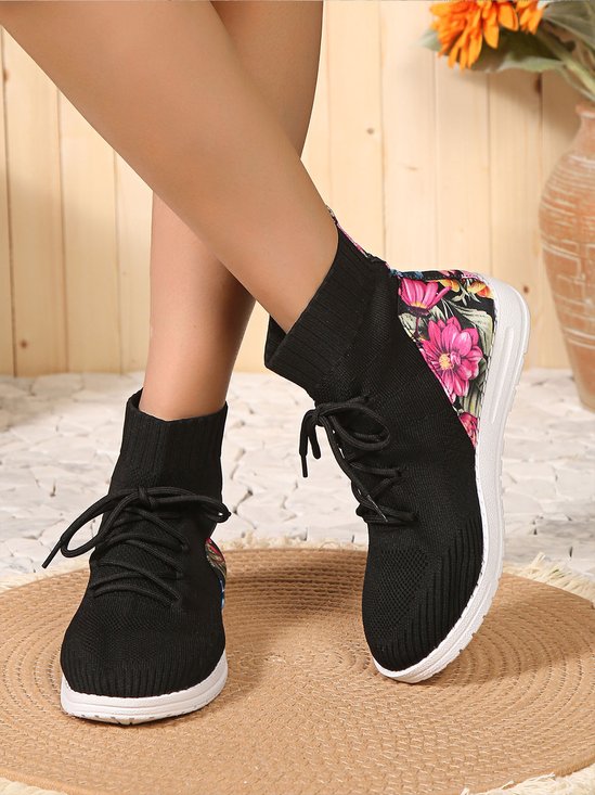 Casual Floral High-Elastic High Top Fly Woven Sneakers