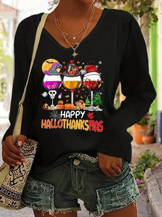 Plus Size Halloween Christmas Thanksgiving Day V Neck Casual Hallothanksmas T-Shirt