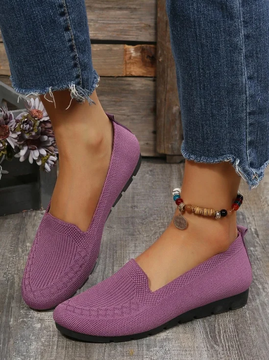 Women Casual Ribbed Fly-knit Fabric Slip On Shoes