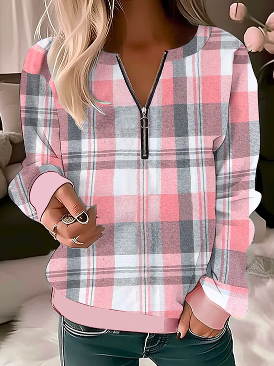 Classic Check Print Casual Half Zip Notched Neck Plaid Daily Casual Loose H-Line Long Sleeve Sweatshirt