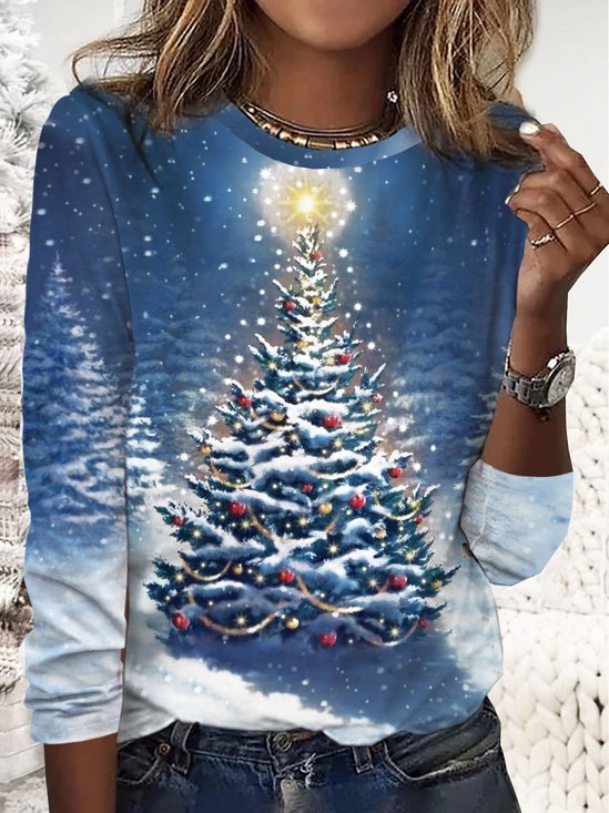 Christmas Tree Printed Casual Loose Long Sleeve H-Line T-Shirt