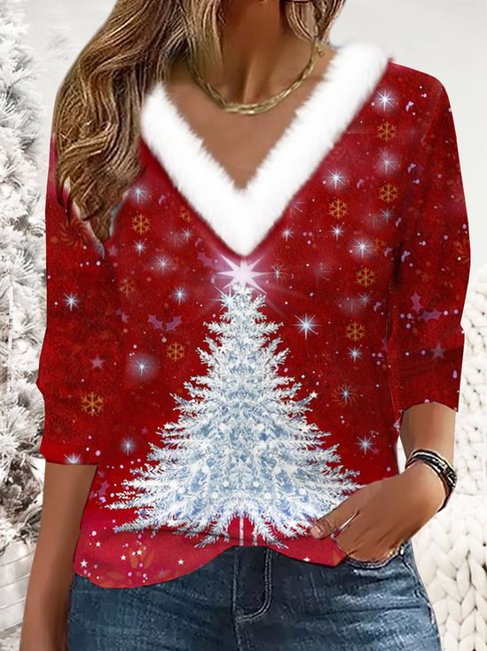Fur Collar Christmas Tree Casual Jersey T-Shirt
