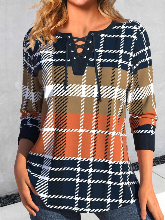Plaid Lace-up Casual T-Shirt