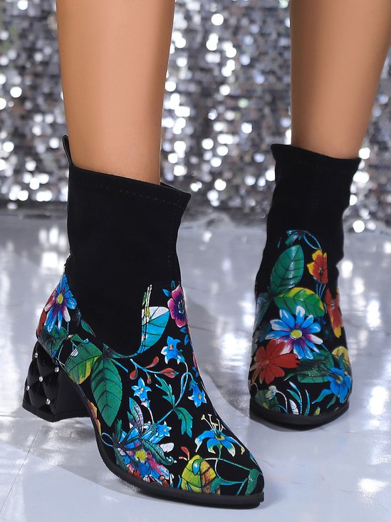 Elegant Floral Paneled Block Heel Slip On Boots