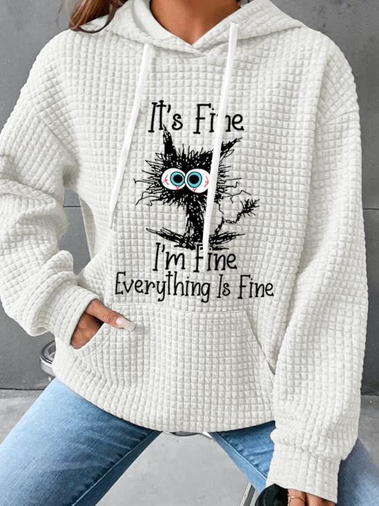 Women‘s Funny I Am Fine Black Cat Casual Loose Text Letters Hoodie