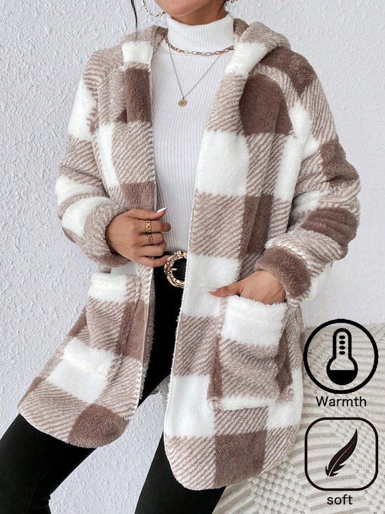 Plus Size Hoodie Loose Plaid Casual Teddy Jacket