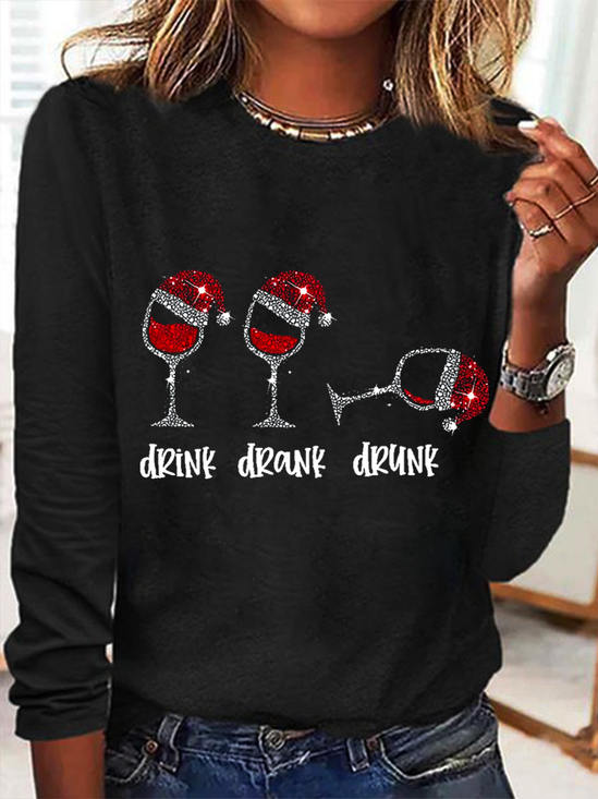 Women's Funny Christmas Drink Drank Drunk Red Wine Glass Casual Crew Neck Regular Fit Shirt