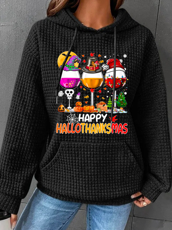 Women's Happy Hallo Thanks Mas Funny Three Red Wine Christmas Graphic Print Hoodie Simple Text Letters Cotton-Blend Hoodie