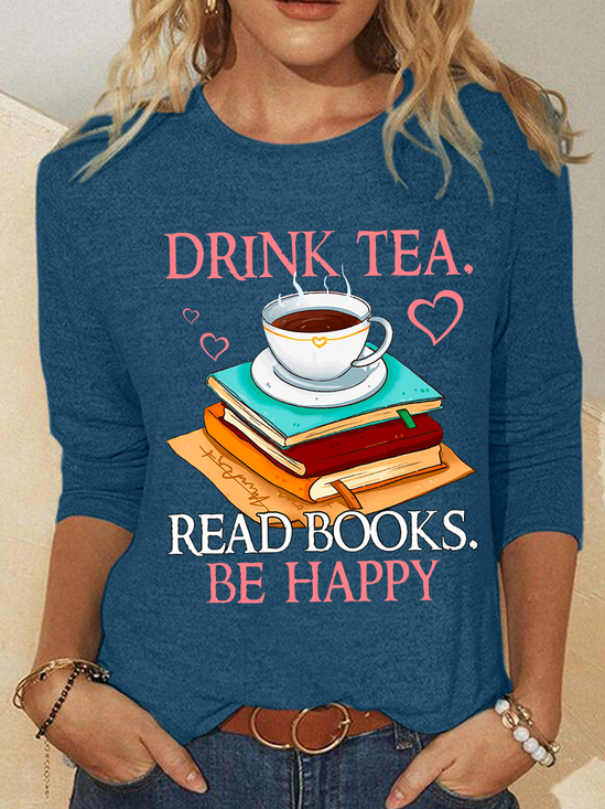 Drink Tea Read Book Be Happy Cotton-Blend Casual Shirt