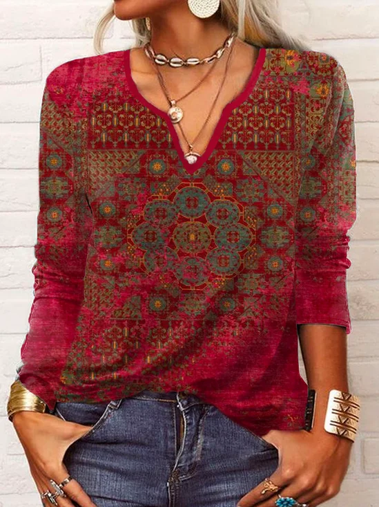 Ethnic Jersey Notched Neck Casual Loose H-Line Long Sleeve T-Shirt