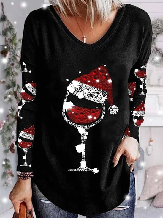 Plus Size Christmas Wine Glass Logo Print Tunic Loose V Neck Holiday Casual H-Line Long Sleeve T-Shirt