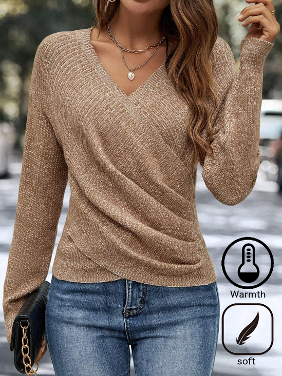 Winter Heavyweight Casual Warm Acrylic Plain Sexy V Neck & Off Shoulder 2 In 1 Long Sleeve Sweater