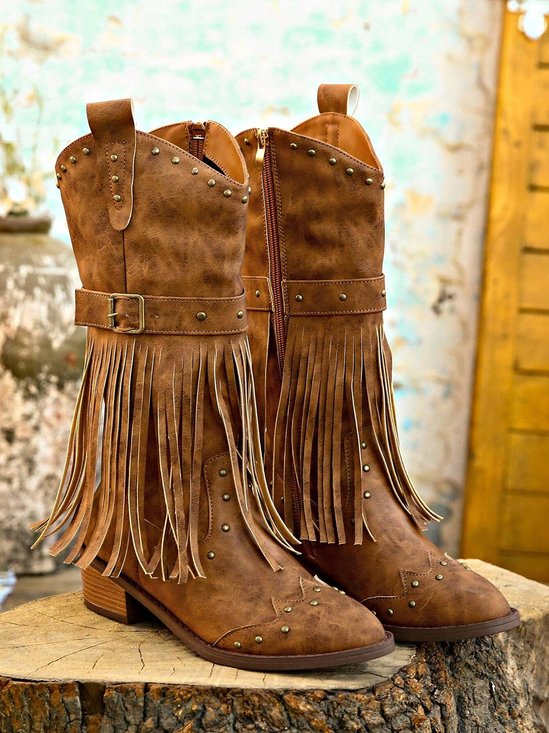 Vintage Rivet Fringe Block Heel Western Boots