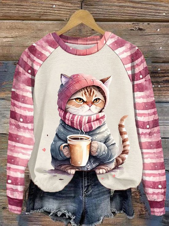 Loose Crew Neck Cat Casual Sweatshirt