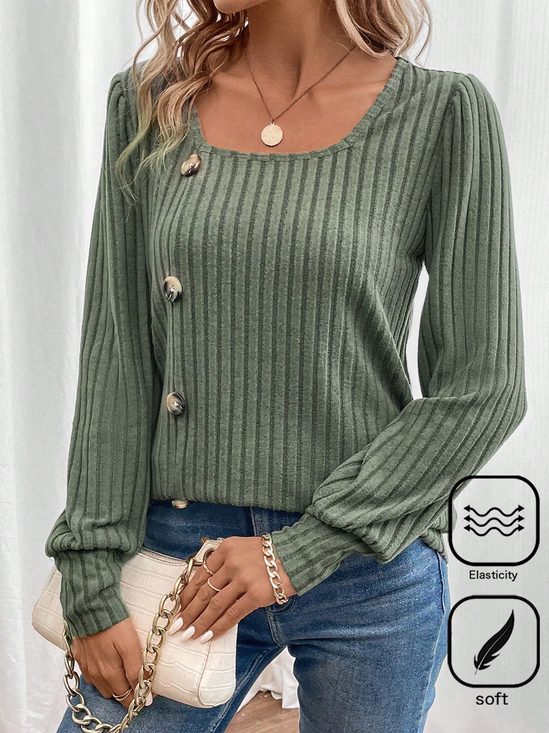 Square Neck Buttoned Daily Plain Casual Loose H-Line Long Sleeve T-Shirt