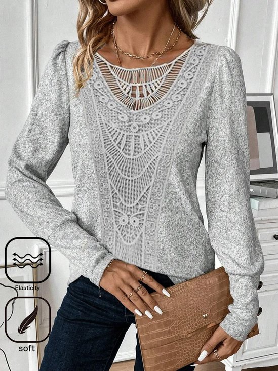 Lace Crochet Design Casual Knitted Crew Neck Plain H-Line Long Sleeve T-Shirt