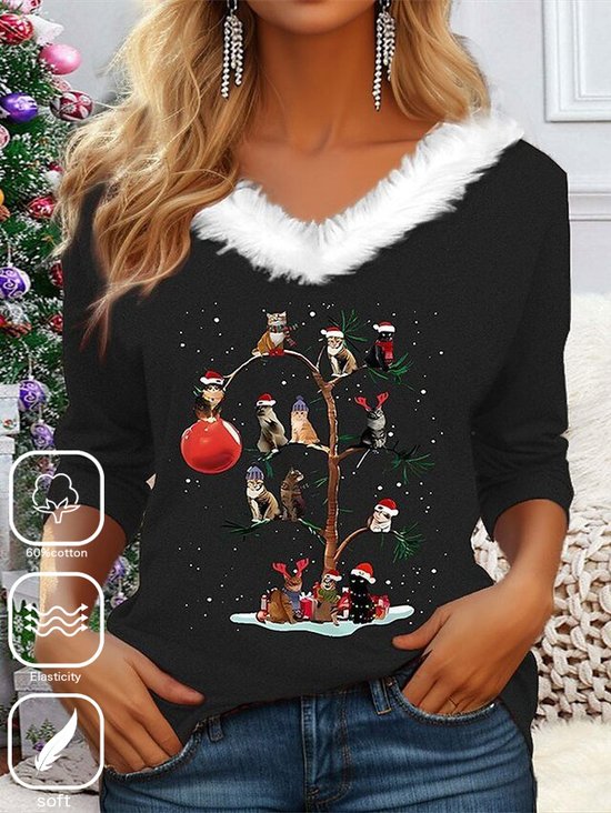 Christmas Tree Casual Loose V Neck T-Shirt