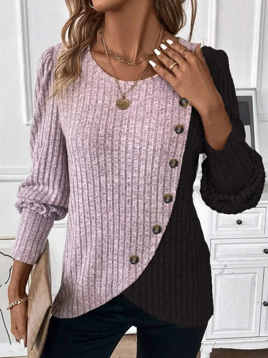 Crew Neck Color Block Casual Loose Shirt