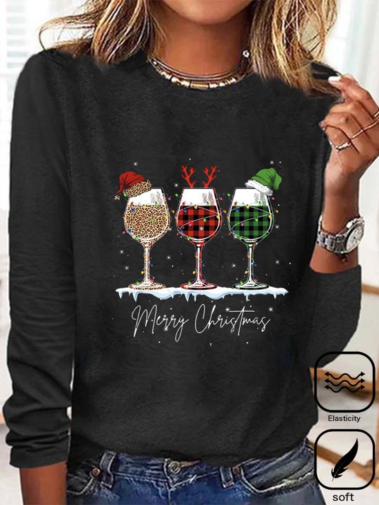 Christmas Wine Glass Loose Casual Jersey Basic Crew Neck Long Sleeve T-Shirt