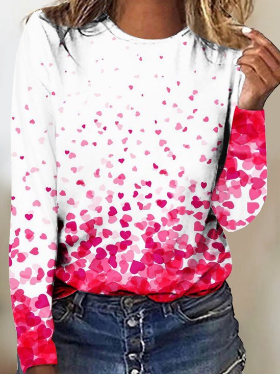 Heart/Cordate Gradual Printing Loose Crew Neck Valentine's Day Casual Long Sleeve T-Shirt