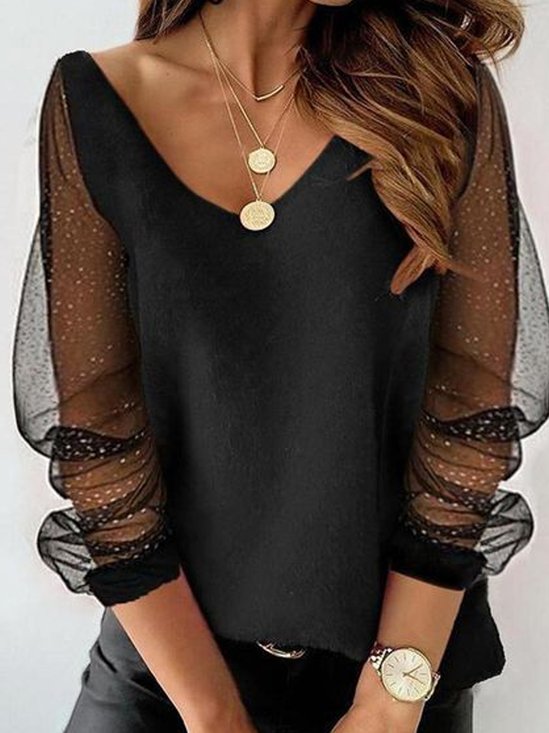 Lace See-through Long Sleeve Sexy V Neck Valentine's Day Loose H-Line Casual Shirt