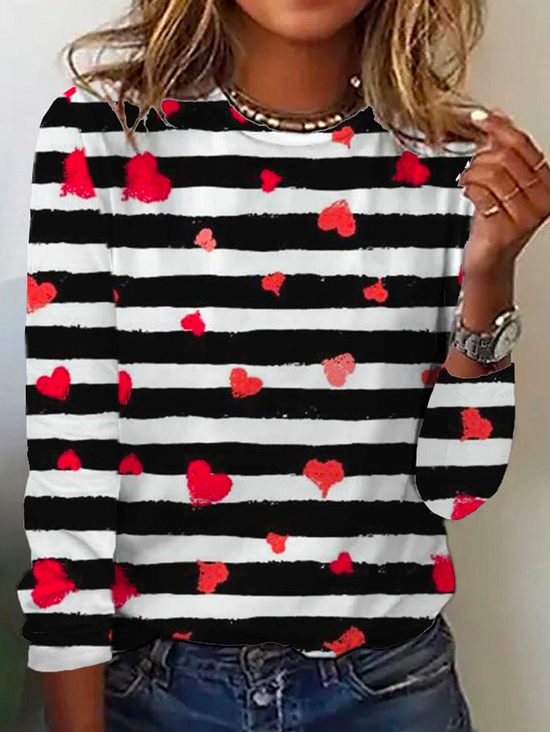 Casual Crew Neck Heart Print Valentine's Day Striped Long Sleeve T-Shirt