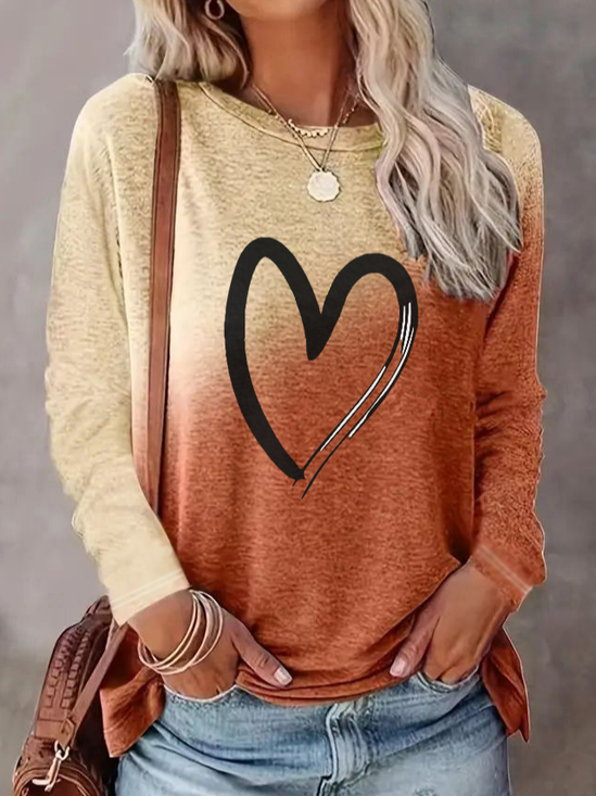 Valentine's Day Crew Neck Ombre Heart/Cordate Print Casual Loose Holiday Long Sleeve T-Shirt