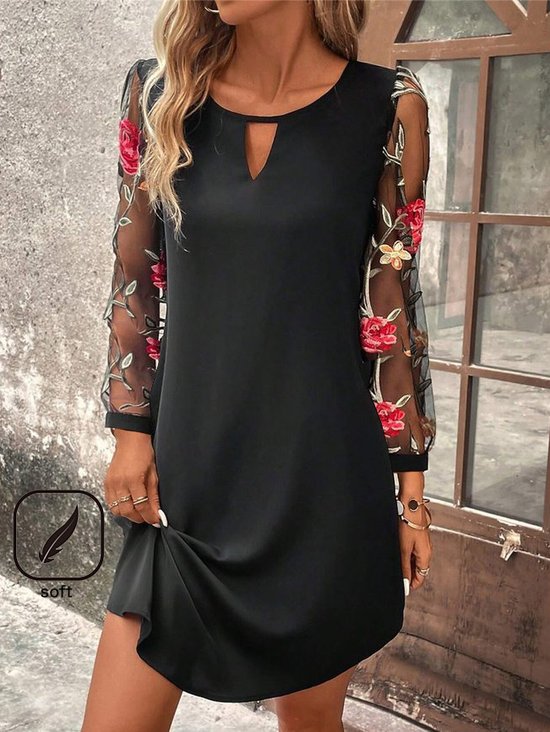 Casual Mesh Crew Neck Floral Dress