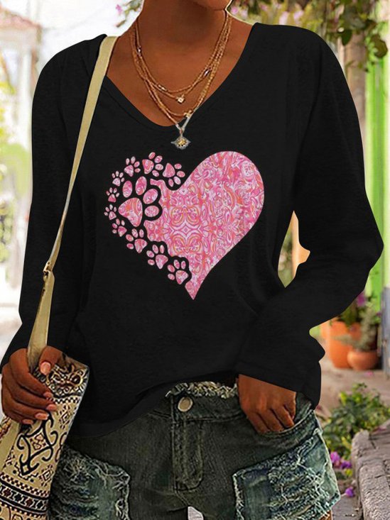Casual V Neck Heart/Cordate Loose T-Shirt