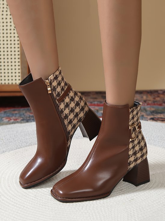 Houndstooth Metal Decor Square Toe Chunky Heel Fashion Boots