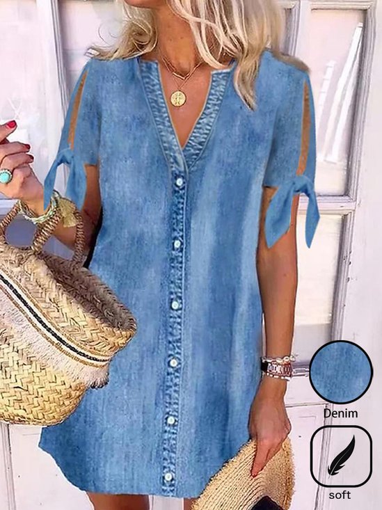 Notched Knot Front Casual Denim Dress