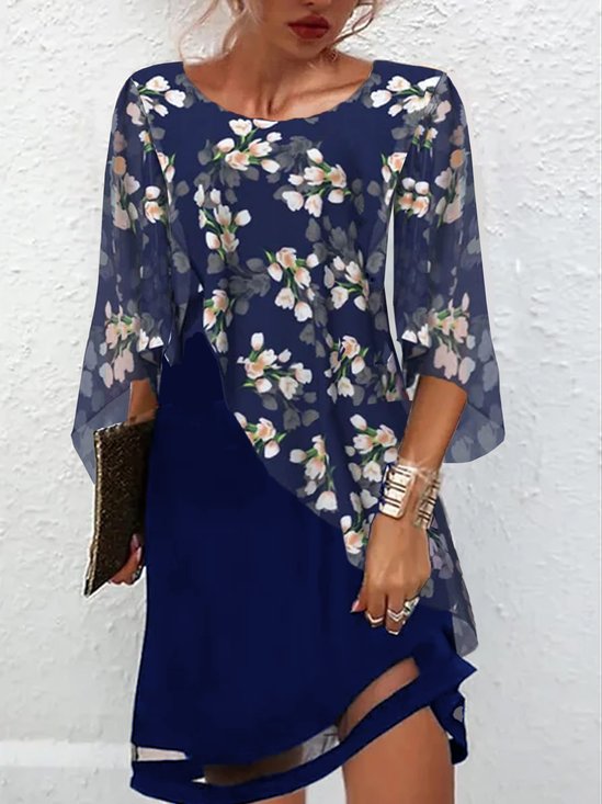 Floral Crew Neck Casual Loose Dress