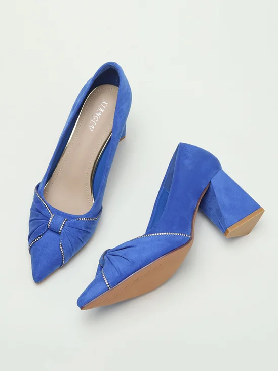 Elegant Bowknot Rhinestone Chunky Heel Shallow Pumps