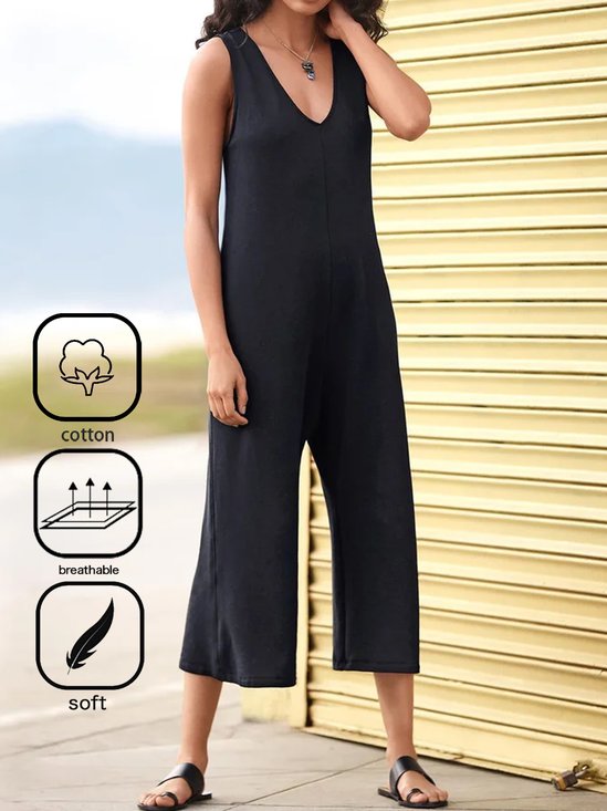 Casual Loose Cotton V Neck Jumpsuit With No Belt
