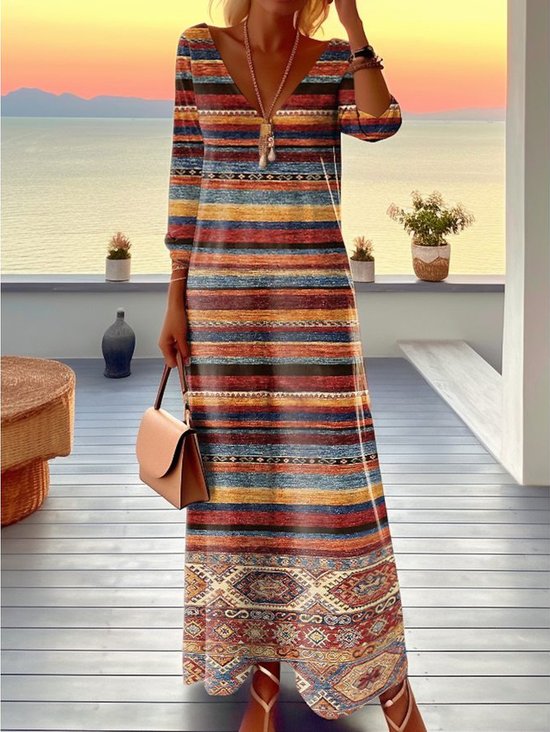 Knitted Abstract V Neck Casual Maxi Dress