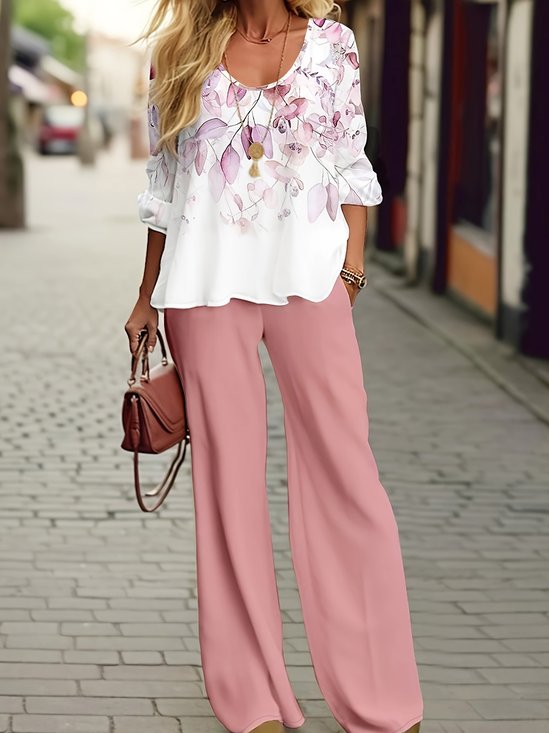 Casual Loose Floral Crew Neck Two-Piece Set