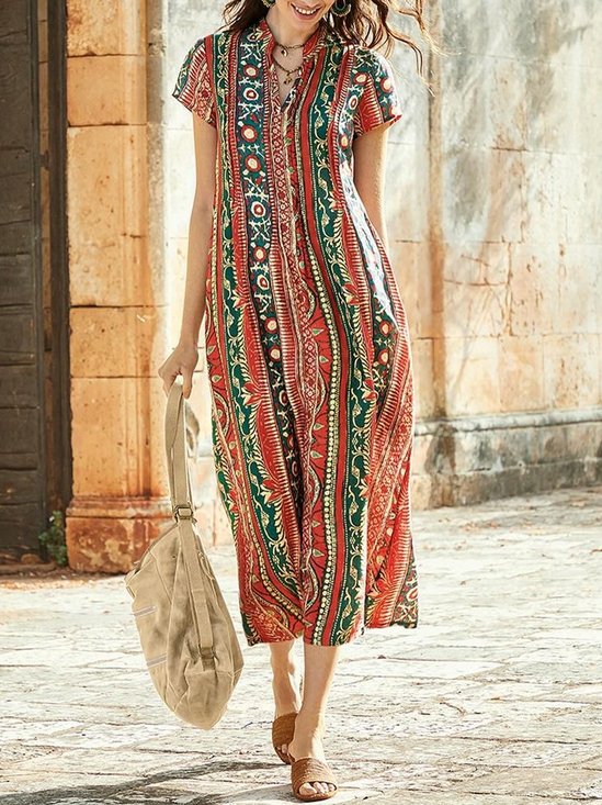 Notched Casual Loose Ethnic Dress