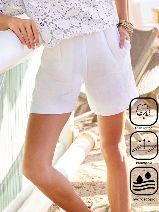 Casual Pocket Stitching Cotton And Linen Plain Shorts