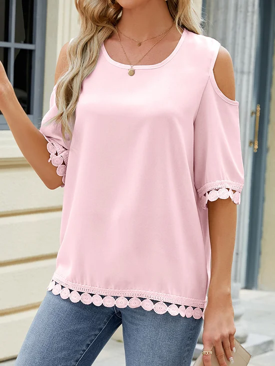 Off Shoulder Sleeve Lace Casual Plain Loose Shirt