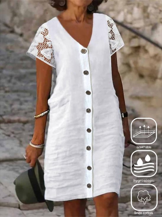 Casual Cotton And Linen Plain Shirt Dress