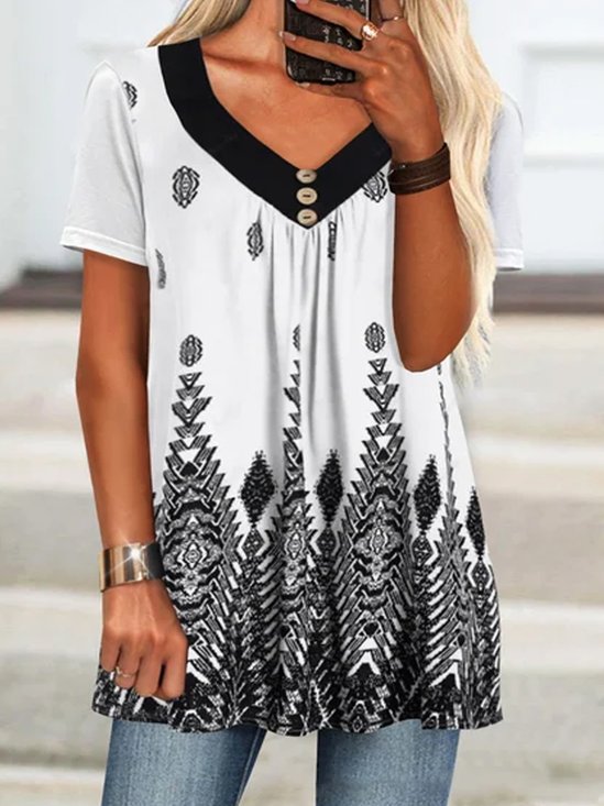 Plus size Casual Buttoned Ethnic V Neck T-Shirt