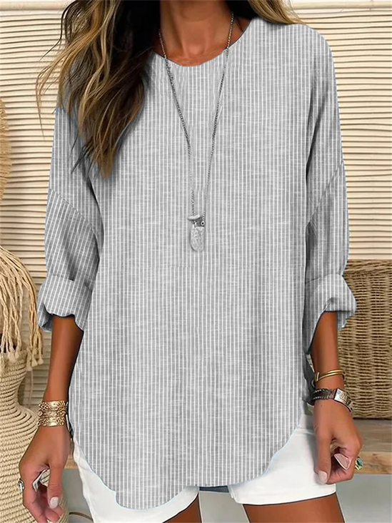 Striped Casual Loose Long Sleeve Linen Style Blouses