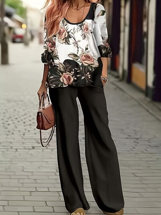 Casual Crew Neck Loose Floral Two-Piece Set