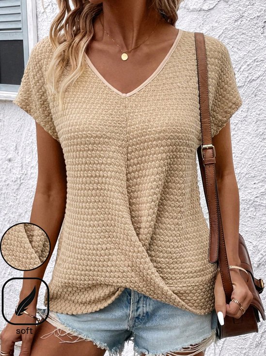 Casual Plain V Neck Knitted T-Shirt